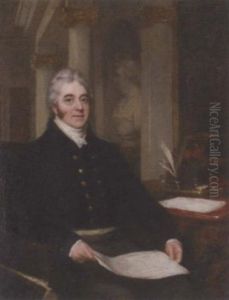 Portrait Of A Gentleman Holding Architectural Drawings, In A Neo-classical Interior