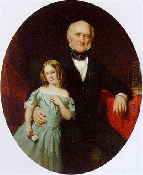 Portrait Of A Gentleman And His Daughter In A Blue Dress By A Red Draped Table - view 1