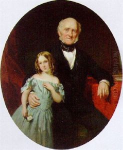 Portrait Of A Gentleman And His Daughter In A Blue Dress By A Red Draped Table