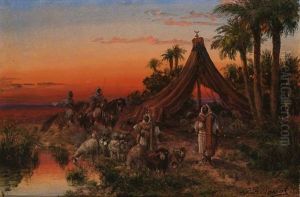 Beduinen Mit Ihrem Vieh In Einem Zeltlager Vor Sonnenuntergang by Paul Pascal