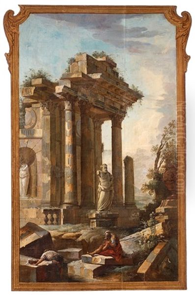 Ruinlandskap Rastande Soldater Och Figurer Vid Brunn (wall Panel) - view 1