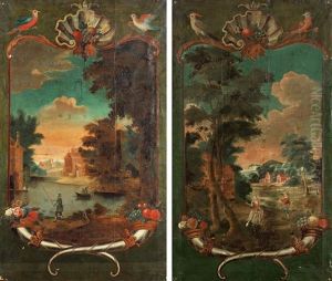 Vaggfalt Med Landskapsvyer, Nedtill Med Ymnighetshorn, Upptill Med Mussla Och Parstallda Papegojor (pair) by Johan Pasch the Elder