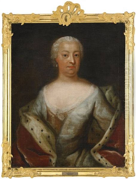 Portratt Av Friherrinnan Catharina Ehrenpreus, Fodd Lindroth (1692-1775) Kladd I Ljusgra Klanning Och Hermelinbramad Mantel - Midjebild - view 1