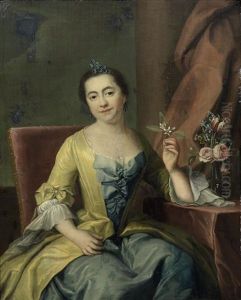 Portrait Of A Lady, Three-quarter-length, In A Blue Dress, Seated, Holding A Flower