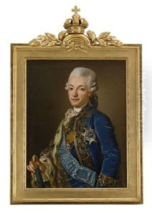 Portratt Av Gustav Iii Kladd I Bla Sammetsrock Med Guldbrodyr, Barandes Serafimerordens Ljusbla Band Och Kraschan Samt En Hermelinbramad Mantel, Hallandes I Hoger Hand En Bla Kronstrodd Kommandostav - Midjebild (after Lorens Pasch The Younger) Portratt Av Gustav Iii Kladd I Bla Sammetsrock Med Guldbrodyr, Barandes Serafimerordens Ljusbla Band Och Kraschan Samt En Hermelinbramad Mantel, Hallandes I Hoger Hand En Bla Kronstrodd Kommandostav - Midjebild (after Lorens Pasch The Younger)