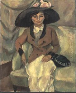 Woman Wearing Hat With Roses by Jules Pascin