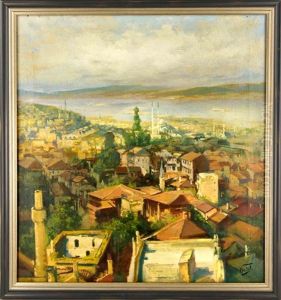 Konstantinopel-vedute Mit Blick Auf Den Bosporus Von Pera Uber Die Kaserne U. Tophane Moschee, Rechts Die Nusretiye Moschee