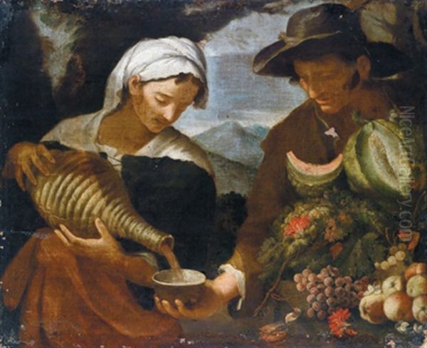 Eine Frau Giest Aus Einem Krug Wein In Die Schale Eines Obsthandlers - Una Donna Che Versa Vino Nella Scodella Di Un Fruttivendolo - view 1