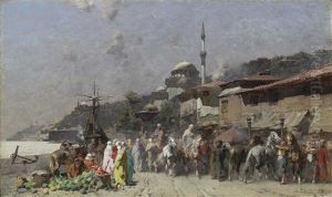 Marketplace On The Bosporus, Constantinople And The New Mosque Beyond by Alberto Pasini