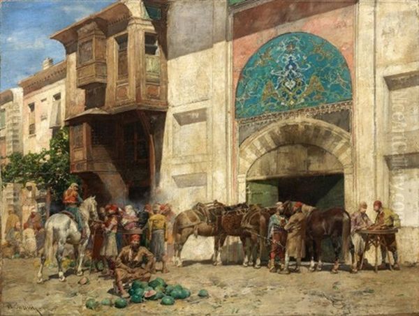 Cavaliers Devant La Porte Du Bazar - view 1
