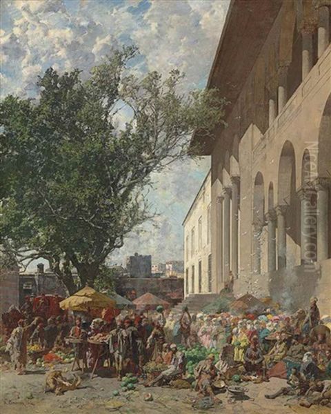Mercato A Costantinopoli: A Busy Market In The Courtyard Of The New Mosque, Constantinople - view 1