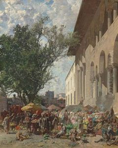 Mercato A Costantinopoli: A Busy Market In The Courtyard Of The New Mosque, Constantinople by Alberto Pasini