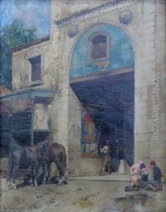 Personnages Et Chevaux Devant Une Mosquee by Alberto Pasini