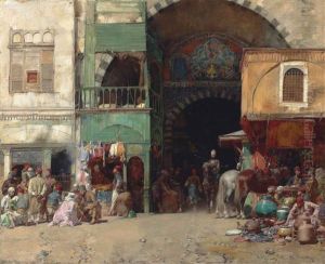 Marketplace At The Entrance To A Bazaar by Alberto Pasini