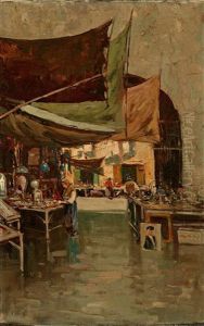 Trodelmarkt In Italien Mit Zahlreichen Standen Und Figurenstaffage by Alberto Pasini