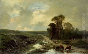 Sudliche Landschaft Mit Kuhen Am Weiher Und Schaferpaar by Alberto Pasini
