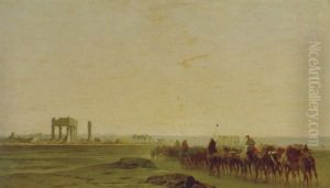 Carovana In Marcia Presso Rovine by Alberto Pasini