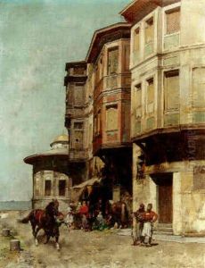 An Eastern Scene With Figures By A Stall And A Horse by Alberto Pasini