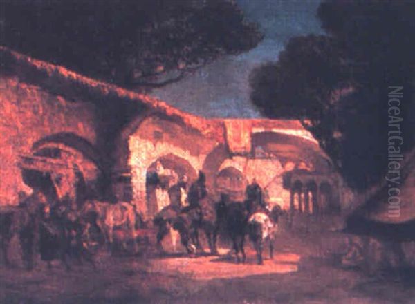Arabmen And Horses In A Courtyard - view 1