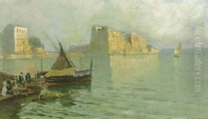 A Neapolitan Coastal Scene With A Fishing Boat And Figures In A Quay In The Foreground