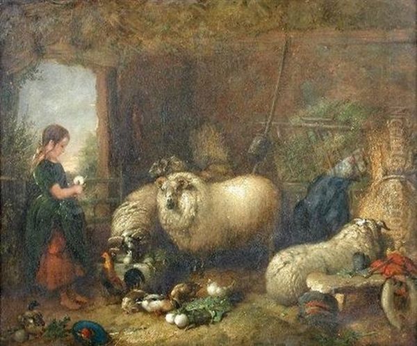 A Shepherdess With Sheep, A Cockerel, Ducks And Hens In A Barn - view 1