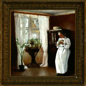 A Young Woman In A White Dress Standing At A Window