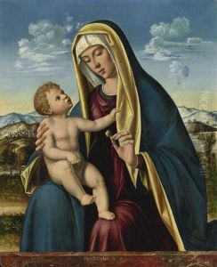 Madonna And Child Before A Pink Granite Ledge, An Extensive Mountainous Landscape Beyond Madonna And Child Before A Pink Granite Ledge, An Extensive Mountainous Landscape Beyond