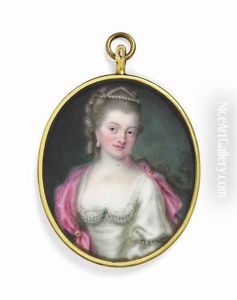 A Lady, Probably Lady Elizabeth Craven Nee Berkeley (1750-1828), In A White Dress Trimmed With Rows Of Pearls, With A Pink Silk Stole by Pierre Pasquier