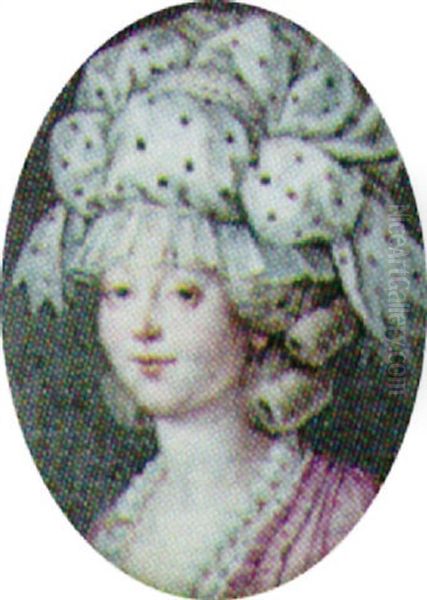 A Lady In A Lace-trimmed Pink Dress With An Elaborate Plum-spotted White Cap - view 1