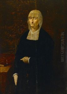 A Portrait Of An Elderly Woman, Three-quarter Length, Standing By A Table