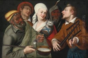 A Lady Holding A Swaddled Cat, A Man With A Pan Of Porridge, Another Playing With Fire Irons And Two Other Male Figures A Lady Holding A Swaddled Cat, A Man With A Pan Of Porridge, Another Playing With Fire Irons And Two Other Male Figures
