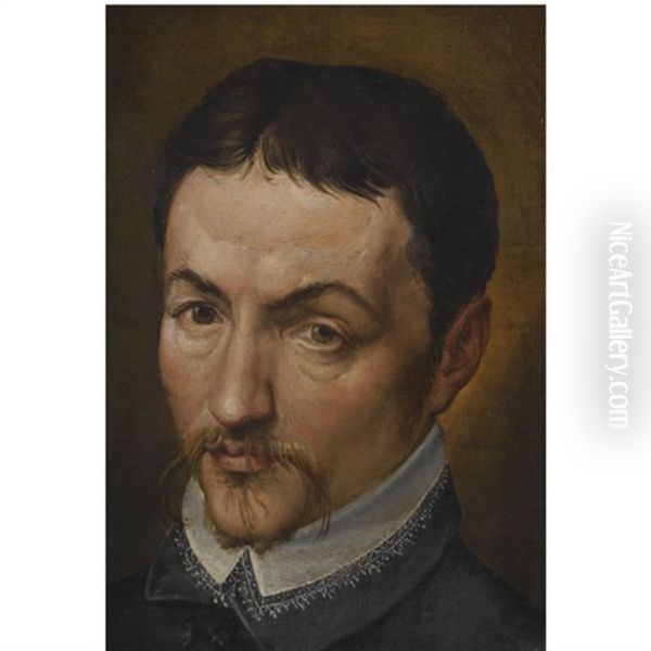 Portrait Of A Man, Head And Shoulders, Wearing A Moustache And A Black Shirt With A White Collar - view 1