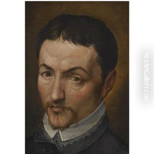 Portrait Of A Man, Head And Shoulders, Wearing A Moustache And A Black Shirt With A White Collar by Bartolomeo Passarotti