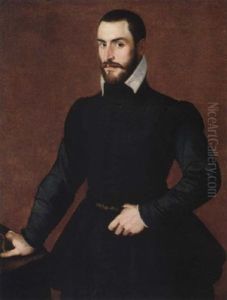 Portrait Of A Gentleman Wearing Black, Holding A Glove In His Right Hand And Resting On A Table