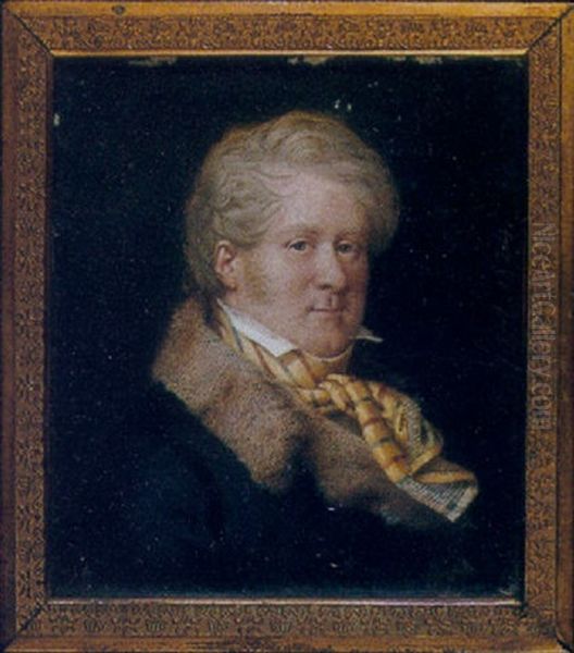 Etienne De Jouy In Blue Coat With Wide Fur Collar, White High-collared Shirt, Multi-coloured Striped Silk Scarf Tied At His Neck - view 1