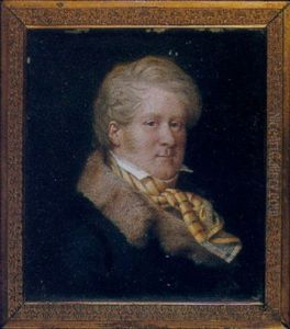 Etienne De Jouy In Blue Coat With Wide Fur Collar, White High-collared Shirt, Multi-coloured Striped Silk Scarf Tied At His Neck by Gabriel Aristide Passot