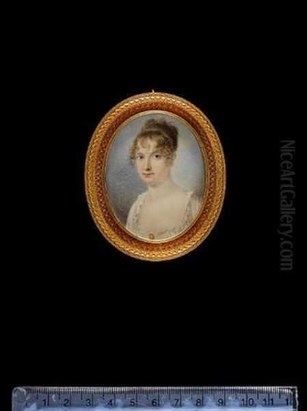 A Lady, Wearing White Dress With Lace-trimmed Neckline, A Brooch Pinned To Her Breast, Her Hair Curled And Upswept - view 1
