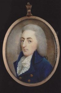 A Gentleman, His Powdered Bag Wig En Queue, Wearing Double-breasted Blue Coat With Gold Buttons And White Lace Cravat