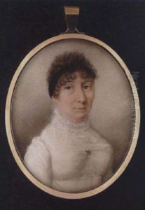 A Lady With Black Bandeau In Her Short Curled Hair, Wearing White Dress With Lace Ruff And Fichu, A Brooch At Her Corsage