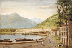 Stadt An Seeufer Vor Gebirge Stadt An Seeufer Vor Gebirge