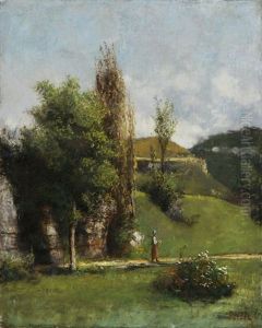 Sommerliche Landschaft Mit Bauernhof Und Baumbestandenen Weg Mit Kind