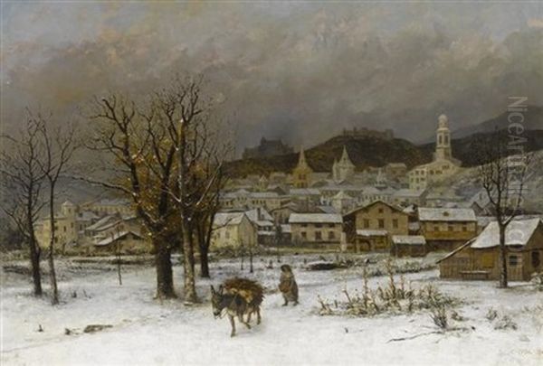 Winterlandschaft Mit Blick Auf Eine Schweizer Stadt Im Hintergrund (fribourg?) - view 1