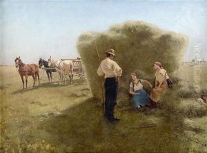 Bei Der Heuernte. Im Schatten Eines Grosen Ballens Ruhen Sich Zwei Bauerinnen Aus by Laszlo Pataky