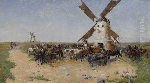 Pusztalandschaft Mit Bauern Bei Einer Windmuhle