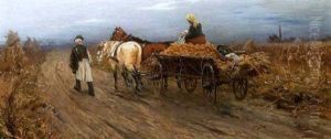 Bauernfamilie Mit Pferdefuhrwerk Auf Dem Heimweg by Laszlo Pataky