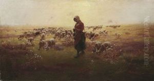 Strickendes Madchen Mit Ihrer Schafherde In Der Ungarischen Puszta