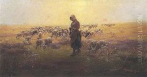Strickendes Madchen Mit Schafherde by Laszlo Pataky