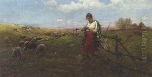 Strickende Hirtin Mit Schafherde Strickende Hirtin Mit Schafherde