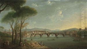 A View Of The Arno, Florence, From The Cascine Gardens, With Figures Fishing And Resting On The Rocks In The Foreground, The Ponte Alla Carita And The Ponte Vecchio Beyond by Thomas Patch