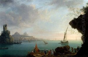 A Capriccio View On The Neapolitan Coast, With An Elegant Party And Other Figures In The Foreground, A Ruined Tower And A Mansion Beyond